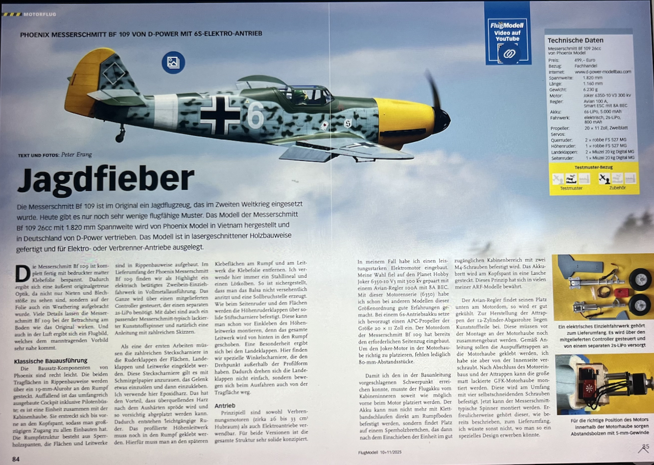 Artikel in FlugModell 10,11 / 2025  Messerschmitt BF109 von Phoenix Seite 1